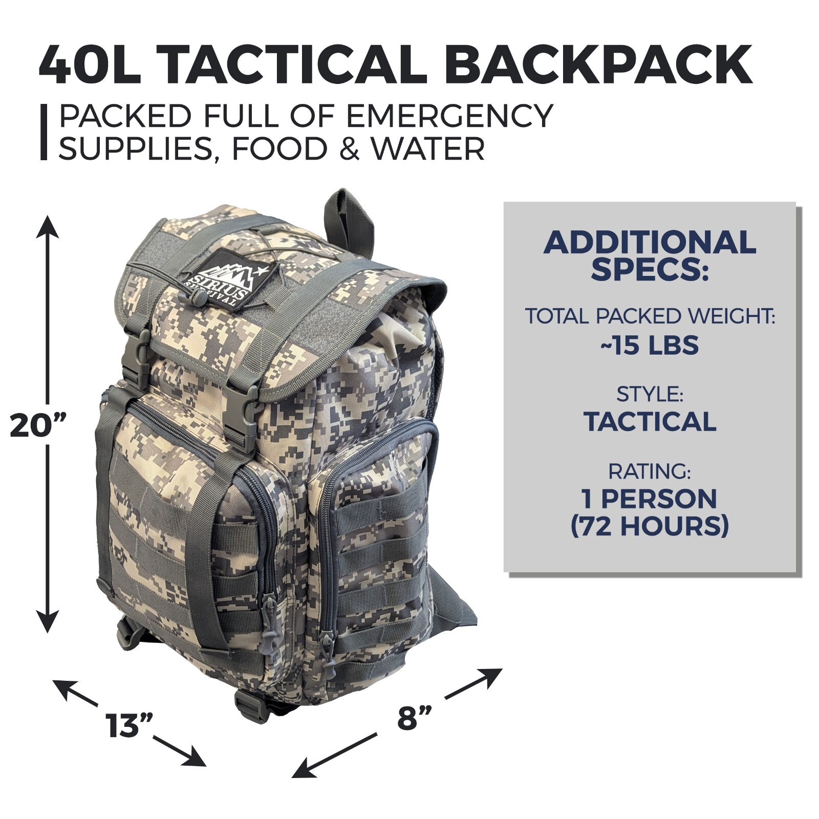 Sirius Survival 72-Hour Starter Emergency Kit, 1-Person Survival Backpack (40L)