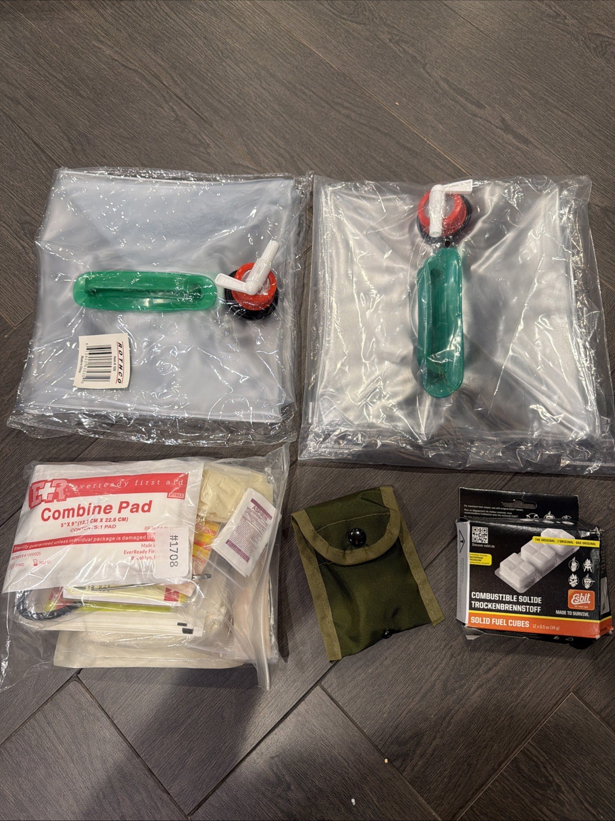 Survival Emergency Prep Kit First Aid Repair Kit Water Carriers Fuel Cubes