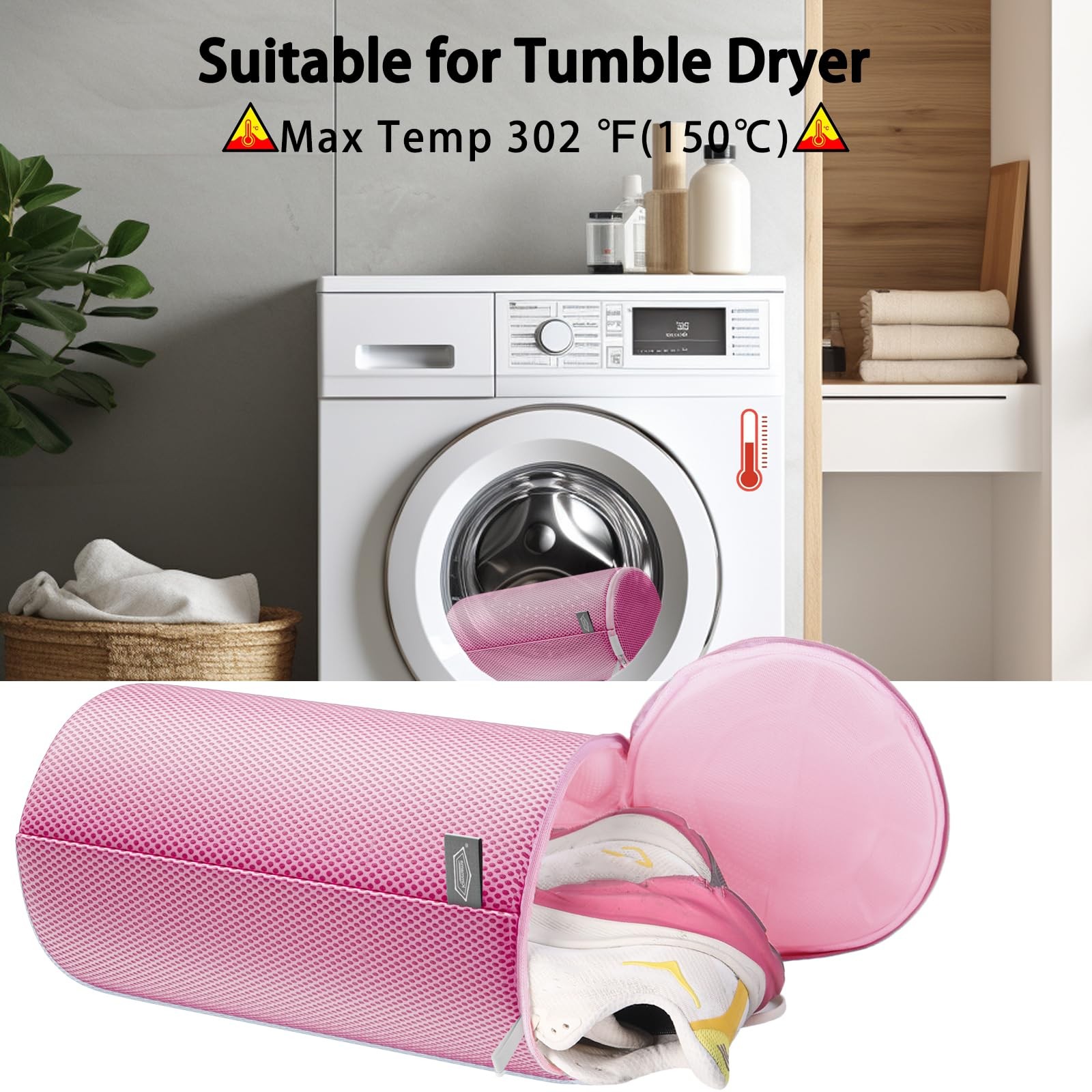 Kimmama Shoe Washing Machine Bag, Bag for 2XL(8x8x15″), Pink