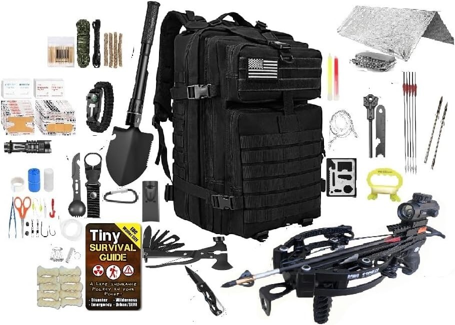 Survival Kit hunting/fishing crossbow. First aid, survival guide & much more!