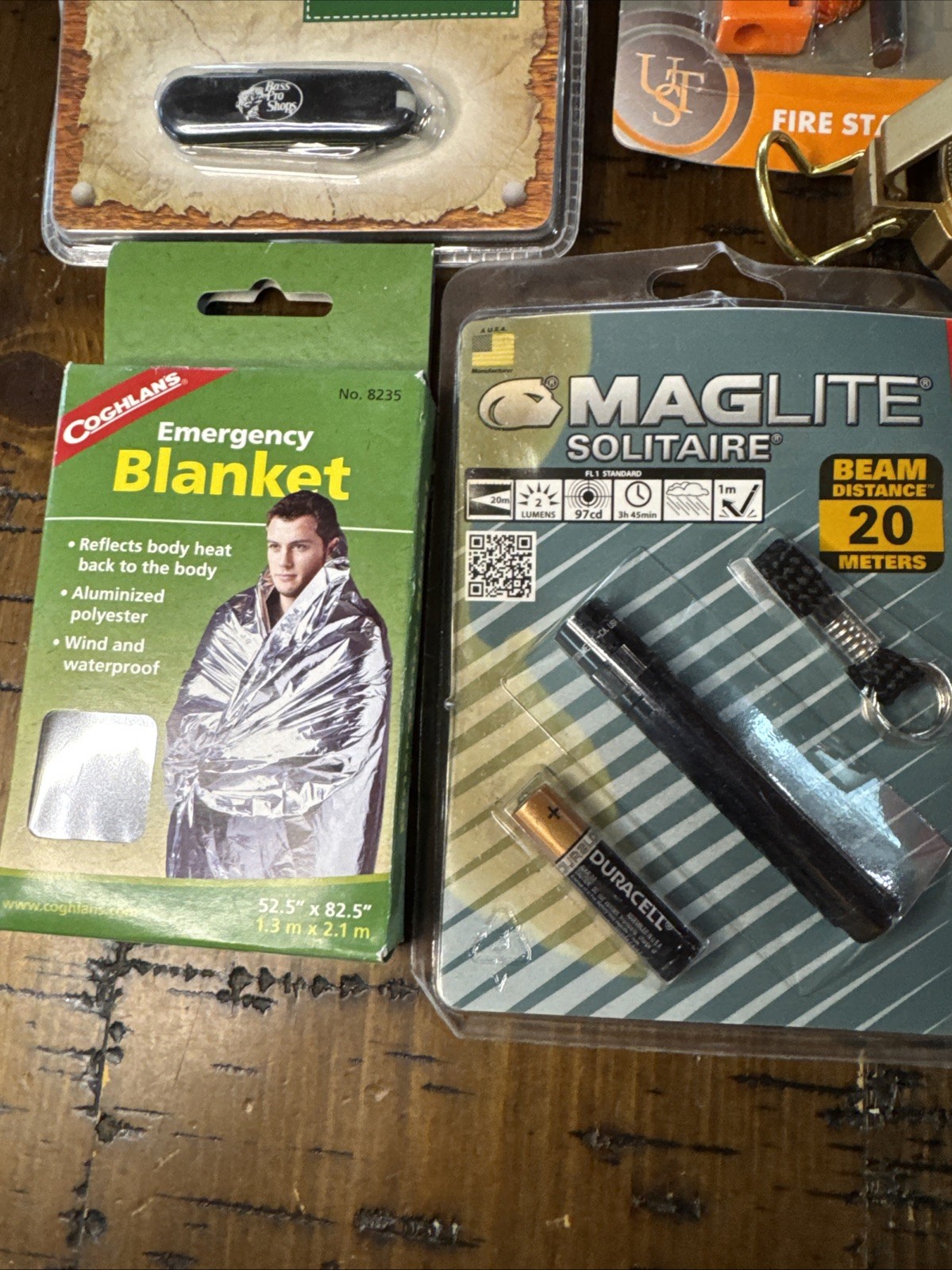 Camping Survival Kit Lot – Maglite, 2 Knives, Compass, First Aid, Fire Starter