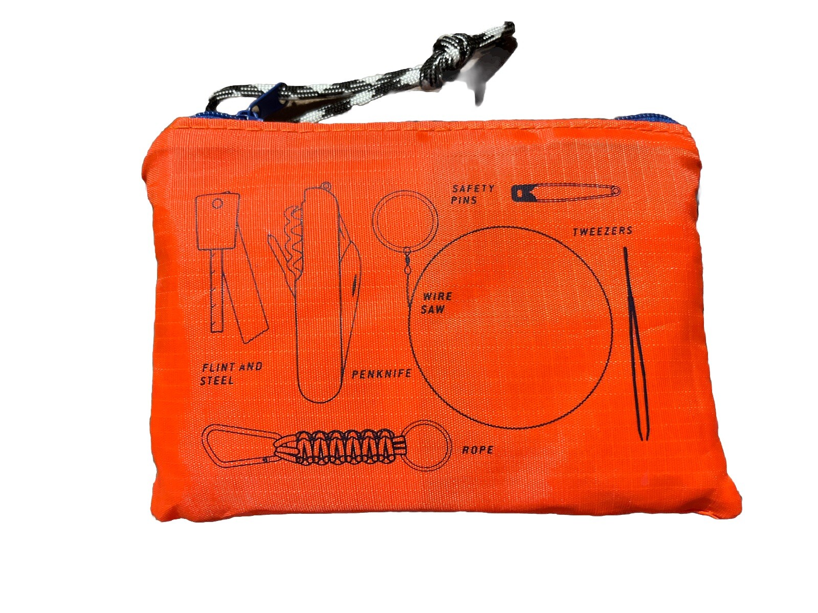 Wild + Wold Outdoor Survival Kit Flint Penknife Rope Wire Saw Pouch Safety Pins