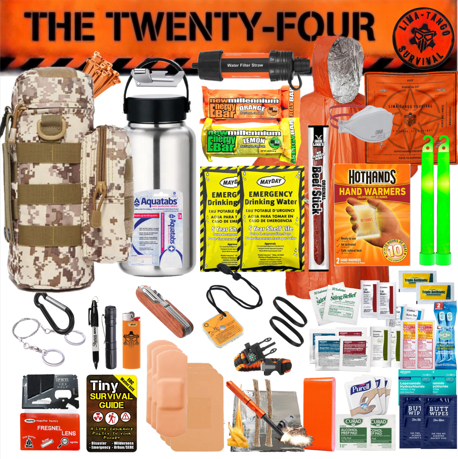 24 Hour Emergency Survival Water Bottle Molle Kit / EDC Kit / First Aid Kit
