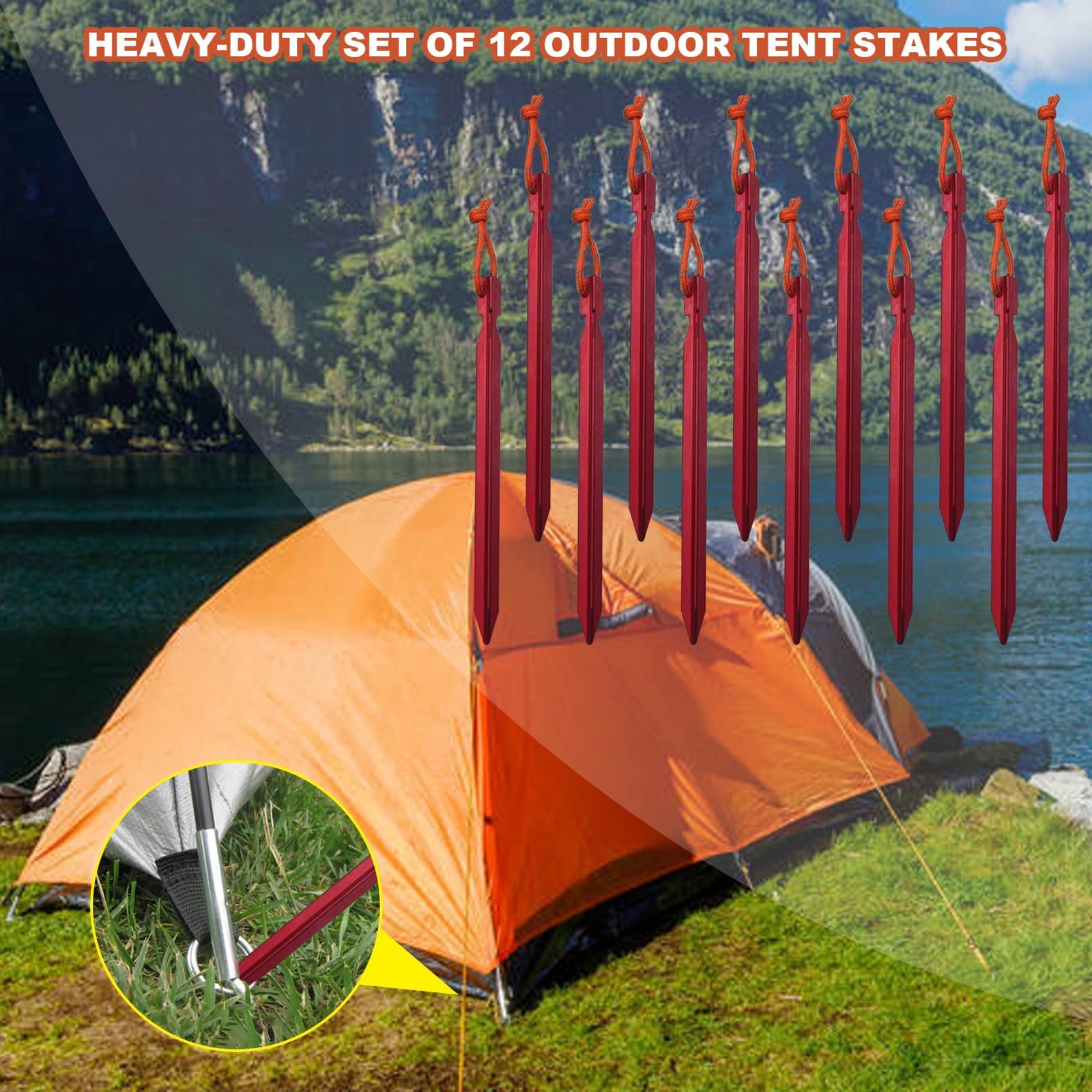 12 Pack Tent Stakes, 7075 Ground Metal Camping Aluminum One Size, Red