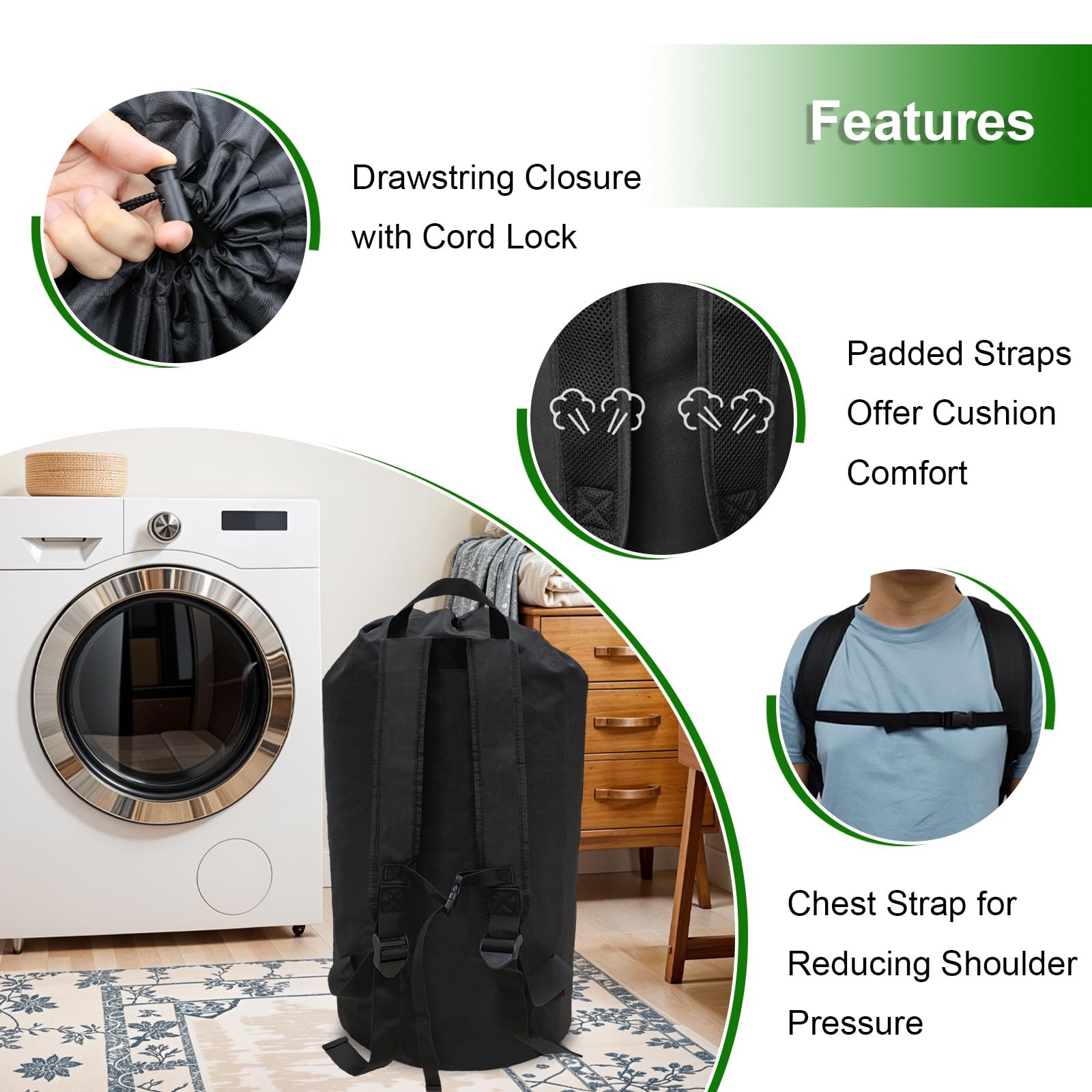 Extra Large Laundry Backpack with Padded Shoulder X-Large, Black
