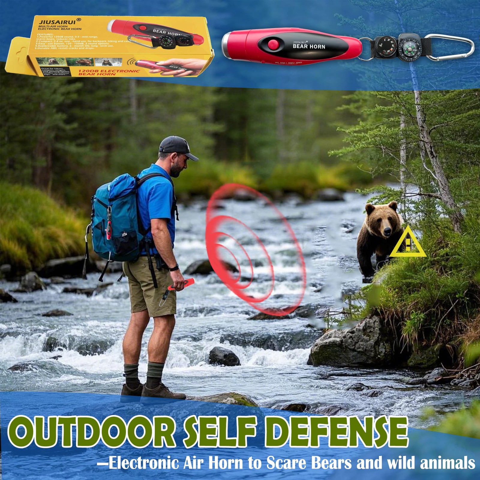 120dB Electronic Air Horn with Compass & Thermometer- Bear Horn to Scare Bear…