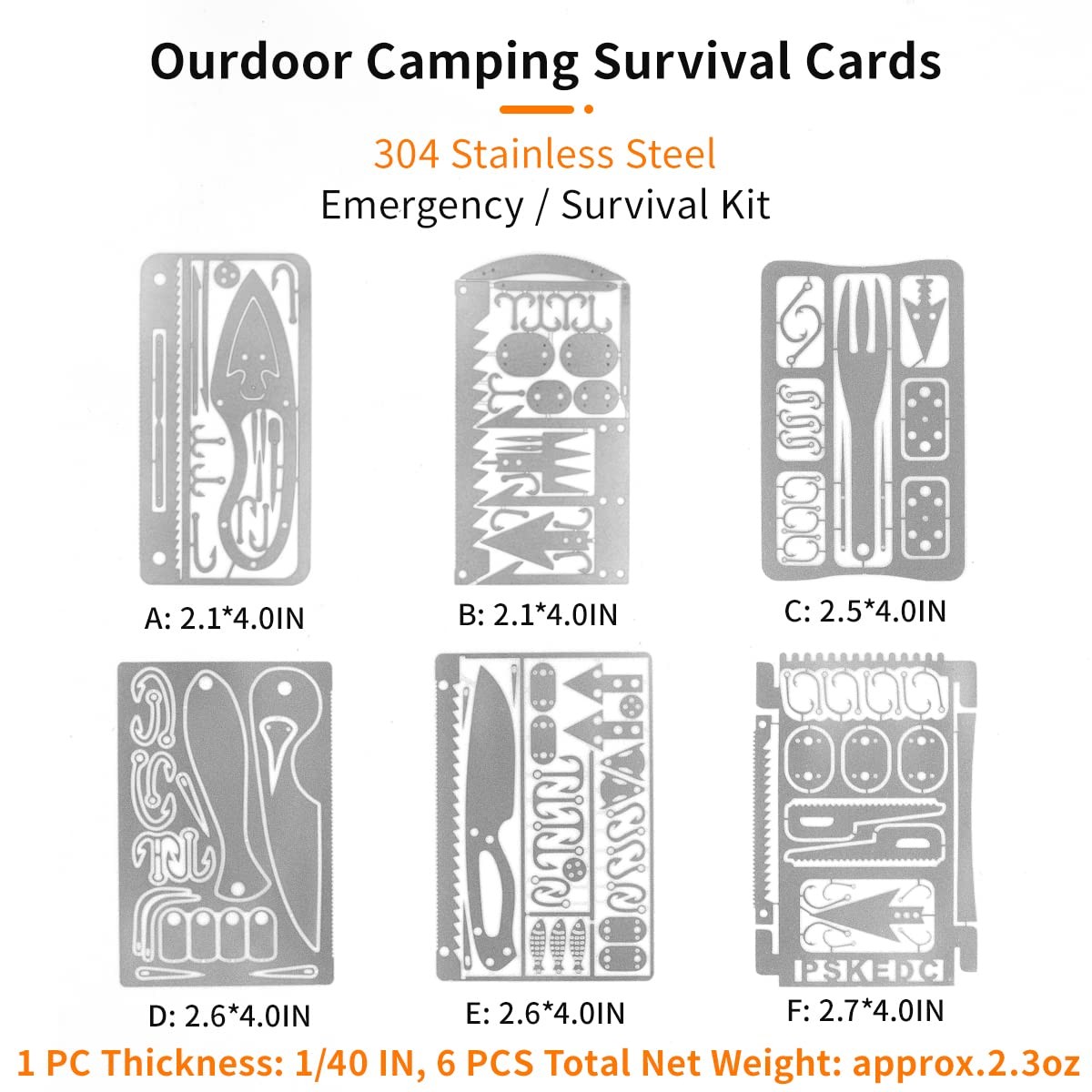 PSKOOK 12 Pcs Survival Multitool Card Emergency Camping Tool Silver-12