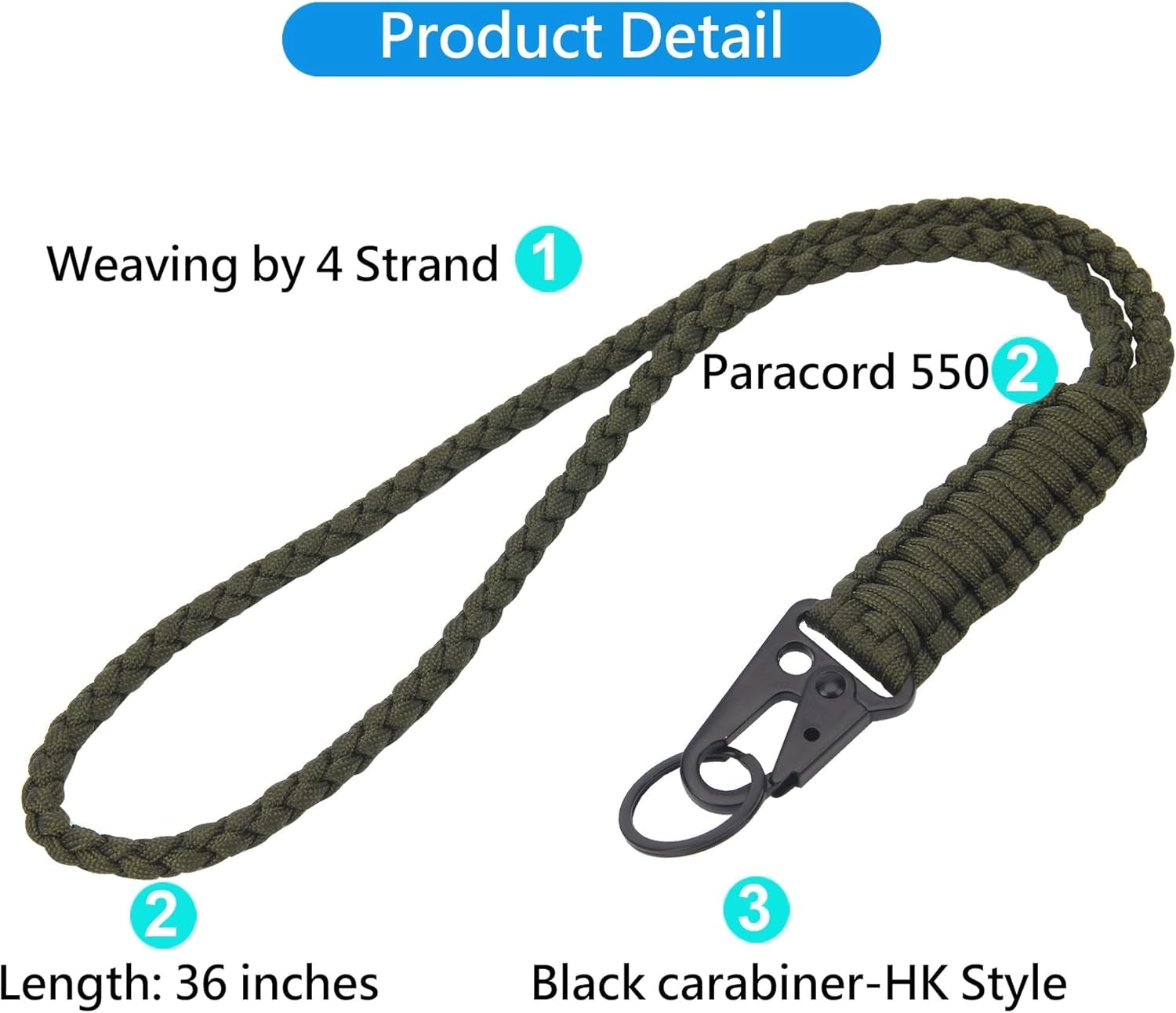 Heavy Duty Paracord Lanyard Keychain, Necklace Cell Phone Army Green