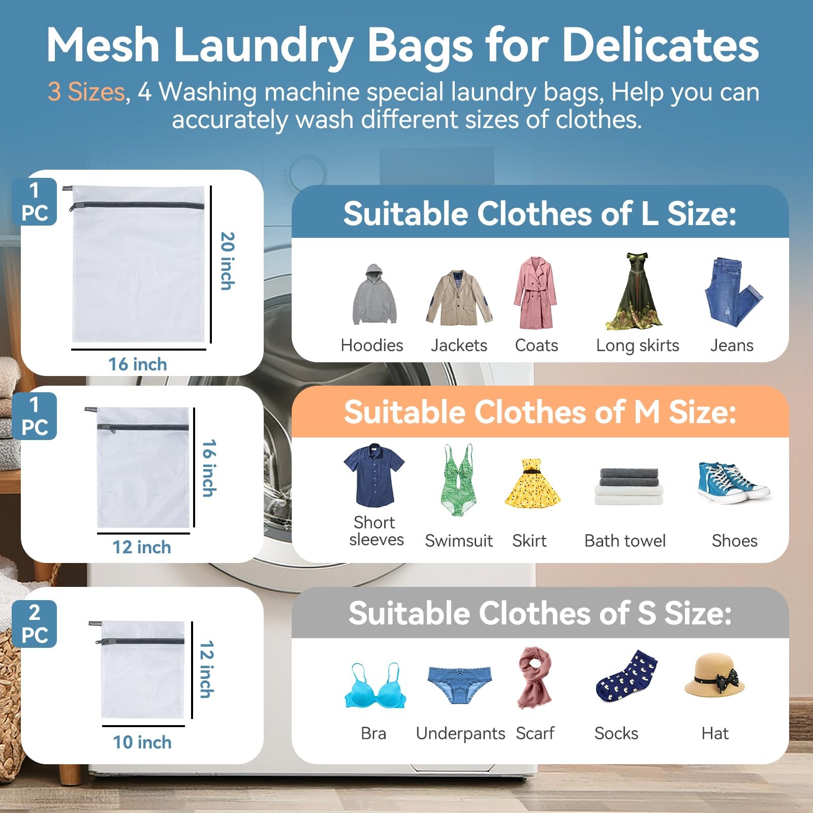 Hoodeet Mesh Laundry Bags for Delicates, 1Large,1Medium,2Small(4Pcs), White