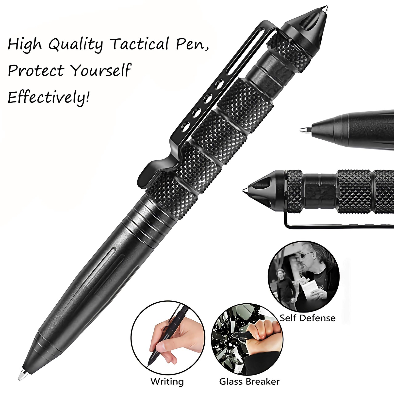 2PCS Tactical Pen Aluminum Self Defense with Glass Breaker Writing Black