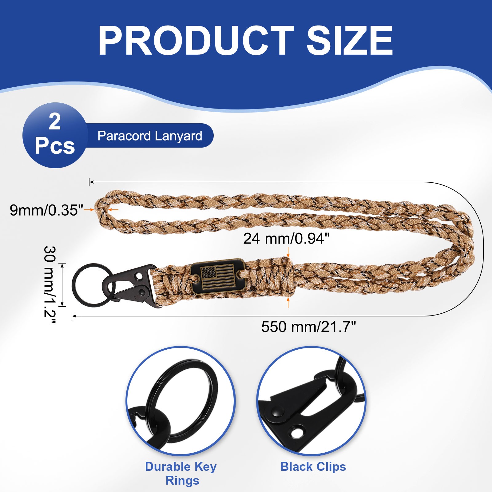 2Pcs Paracord Lanyard, Strong Lanyard with USA Flag, Desert Camouflage