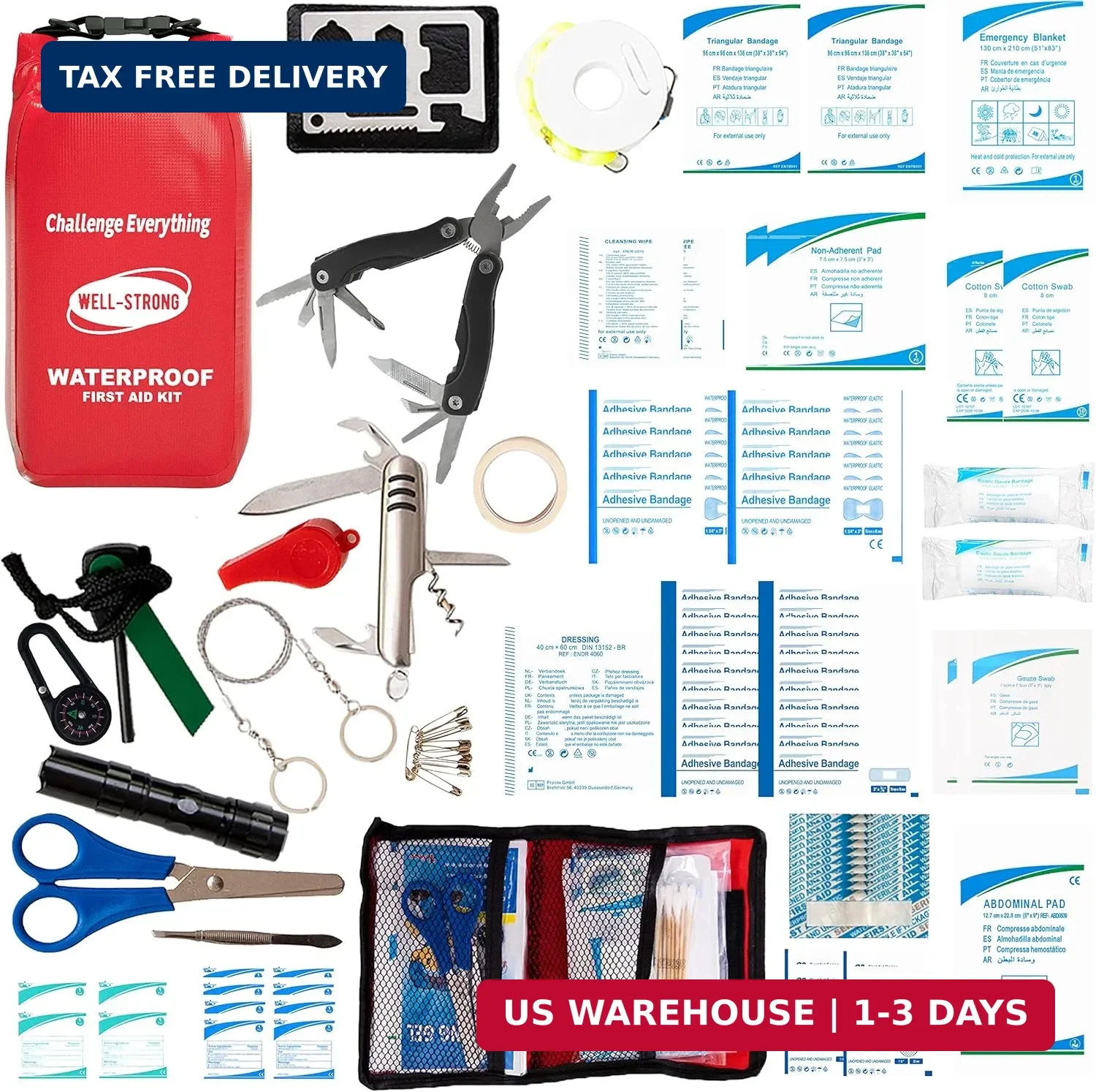 Boat First Aid Kit with Survival Tools, 123pcs Waterproof Emergency Marine Kit w