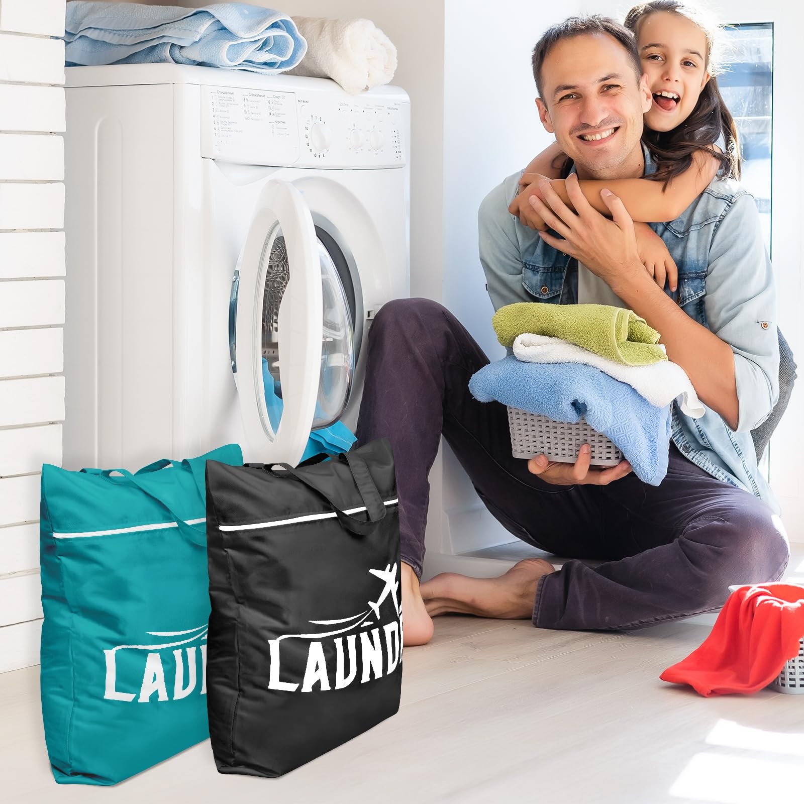 2 Pcs Large Travel Laundry Bag – Washable 18.1 x 22.8 inches, Black+Blue