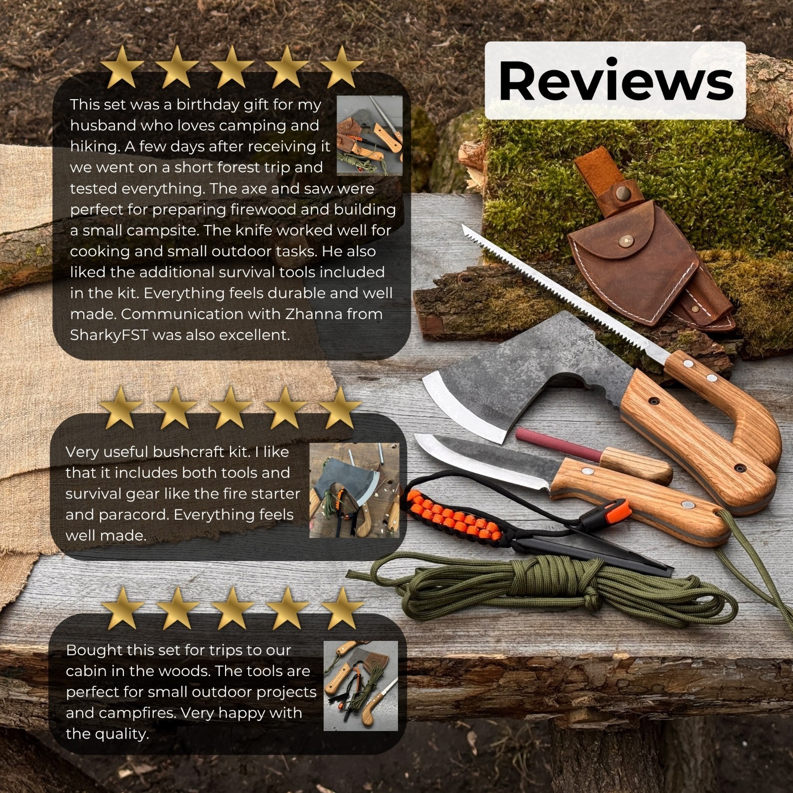 6pc All in One Camping Gear Set 9.84” Axe 9” Bushcraft Knife Saw Ferro Rod