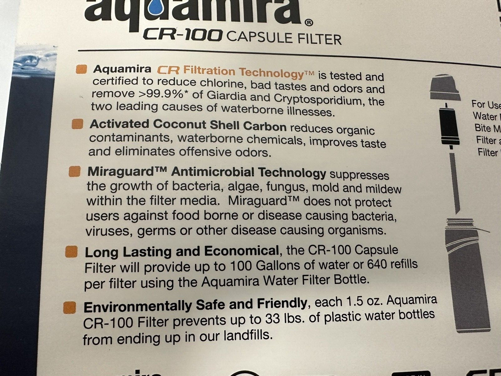 Aquamira 100 Gallon Capacity Water Filter Bottle Replacement Cartridge Survival