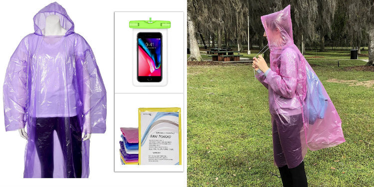 RAIN PONCHOS Survival W/Hood Drawstring FREE Phone Pouch Waterproof EMERGENCY