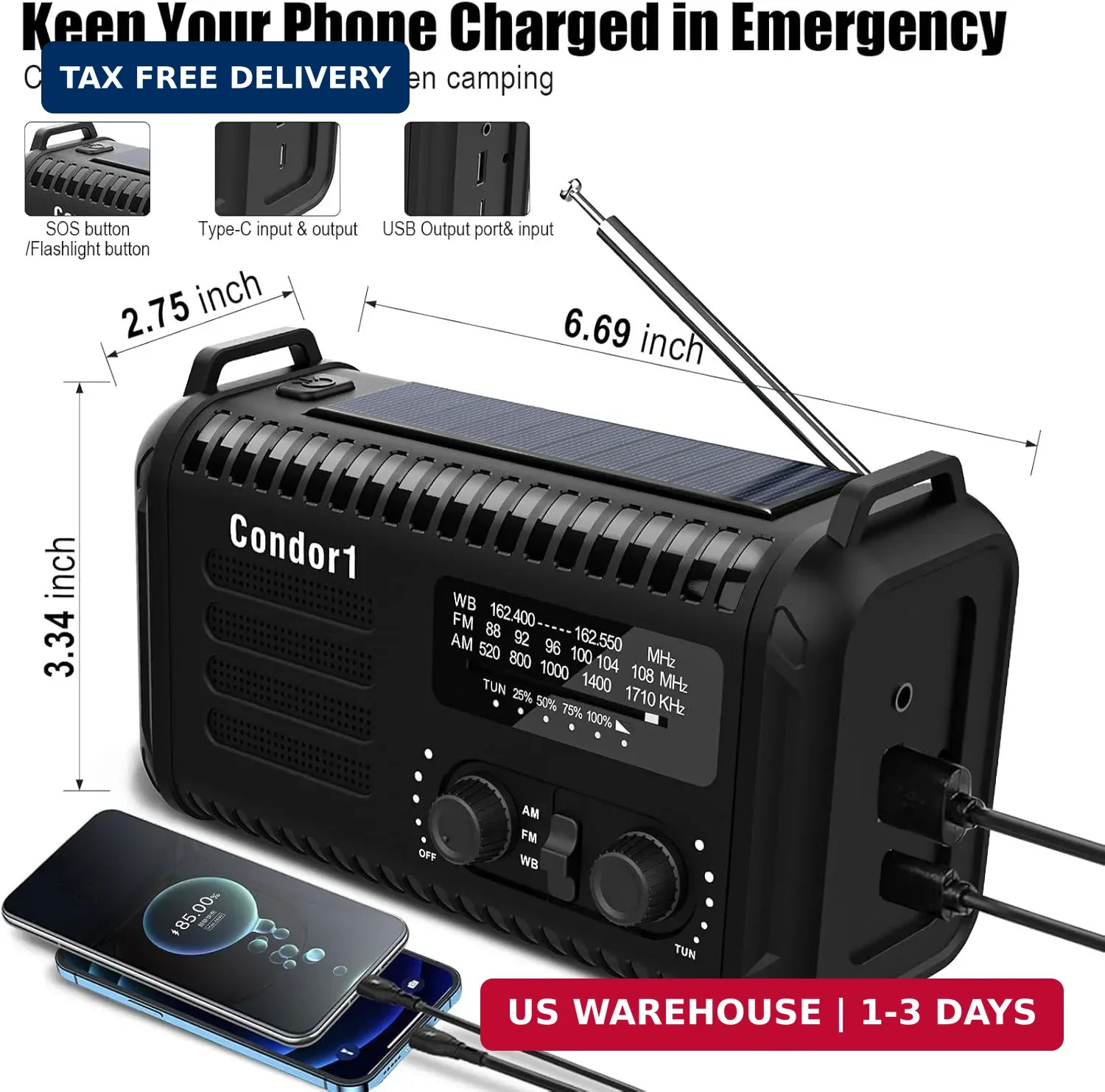 NOAA Weather Radio 20000mAh Battery Powered｜Solar Hand Crank Emergency Radio AM/