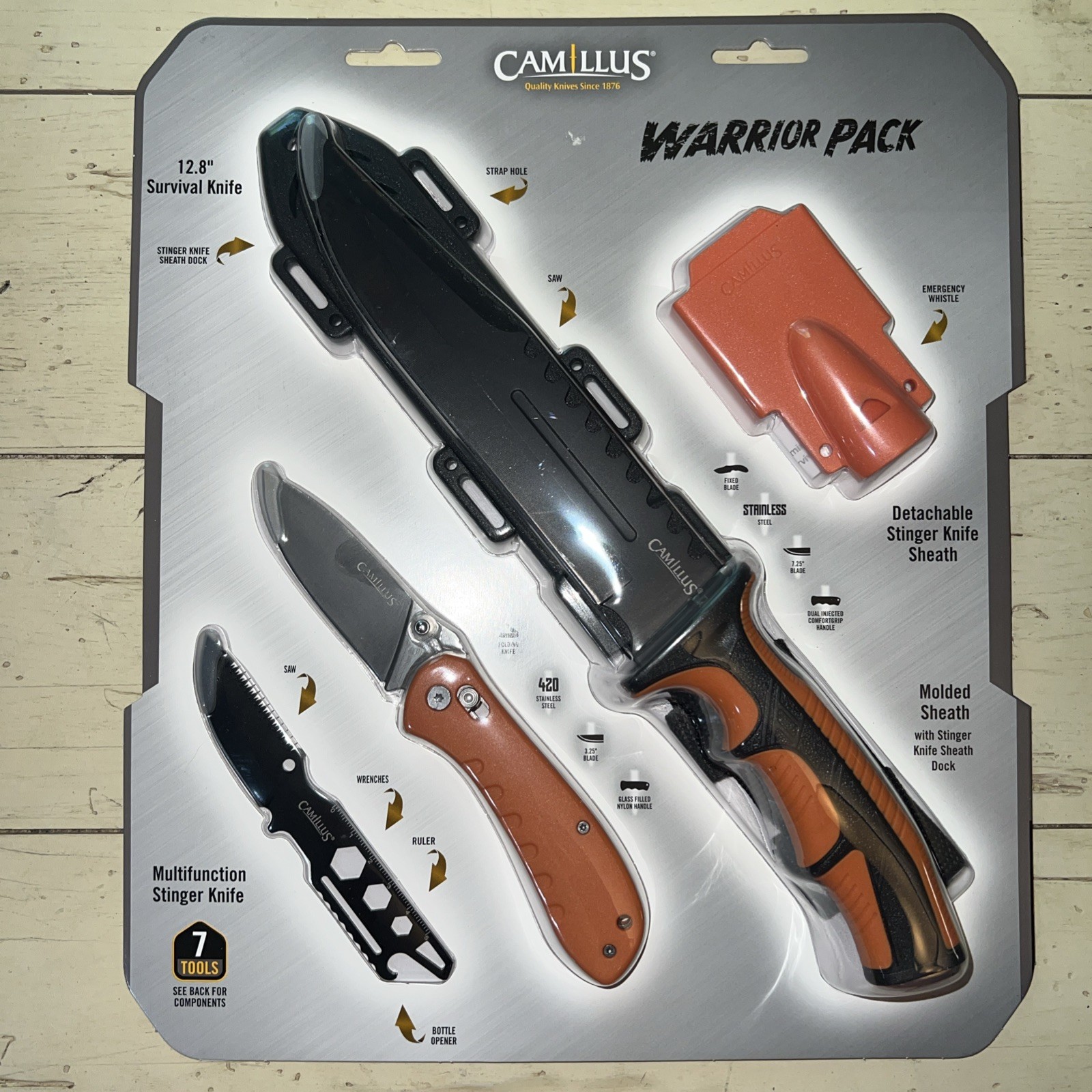 Camillus Warrior Pack 12.8 Survival Knife Stinger Knife Folding Knife Whistle
