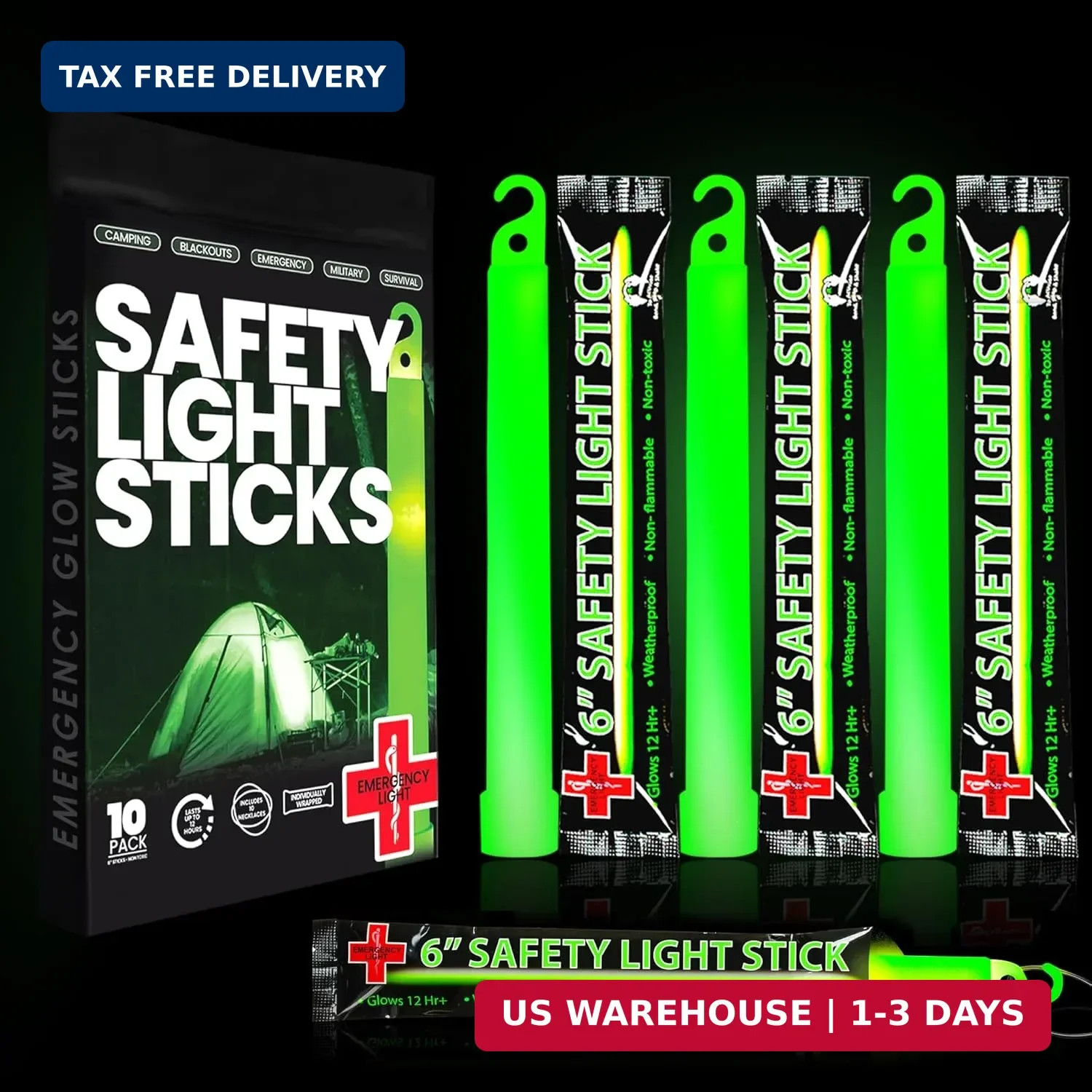 Emergency 10 Ultra Bright Green Glow Sticks – Individual Packed With Lanyard – F