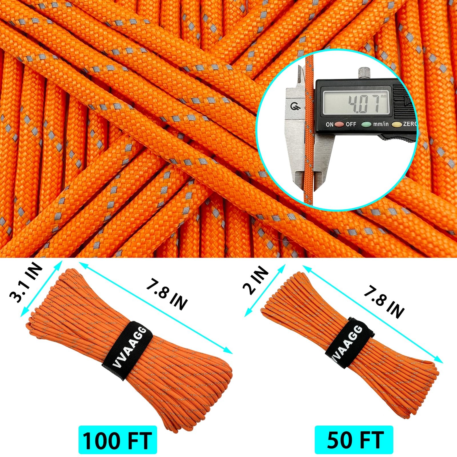 VVAAGG Reflective Paracord Rope 100FT, 7 Strand Nylon para Cord Orange