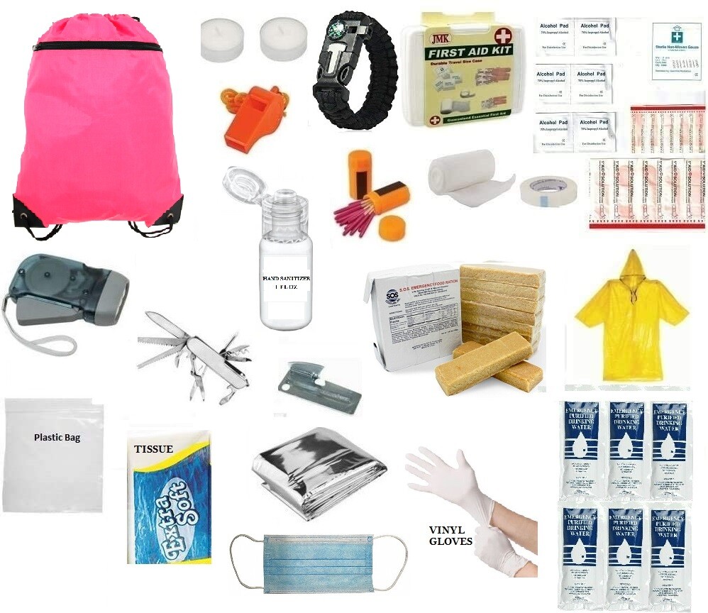 3 Day Emergency Survival Kit Food Water Whistle Bag Sack Earthquake Girl Pink