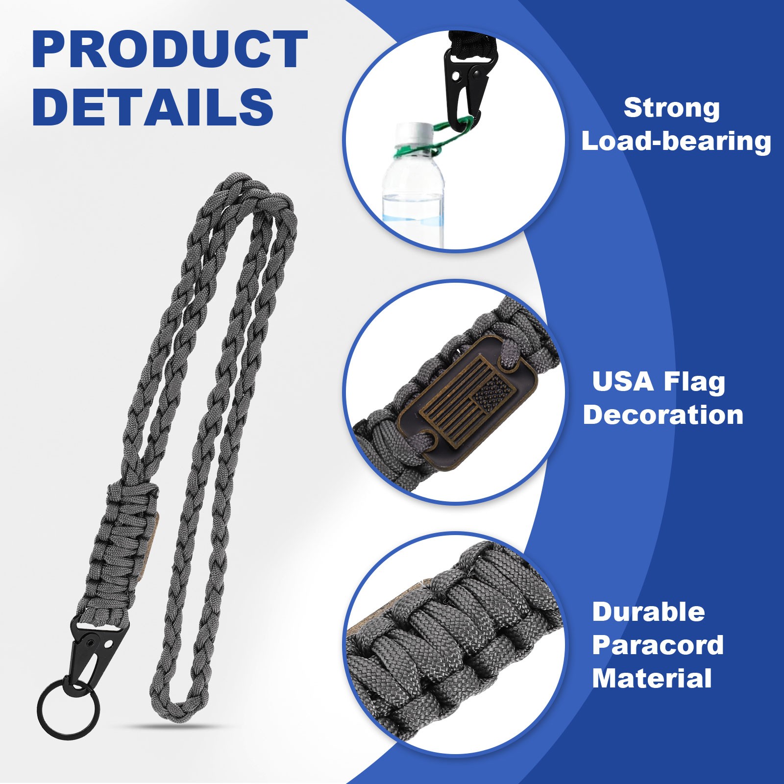 Paracord Lanyard, Strong Lanyard with USA Flag, Grey