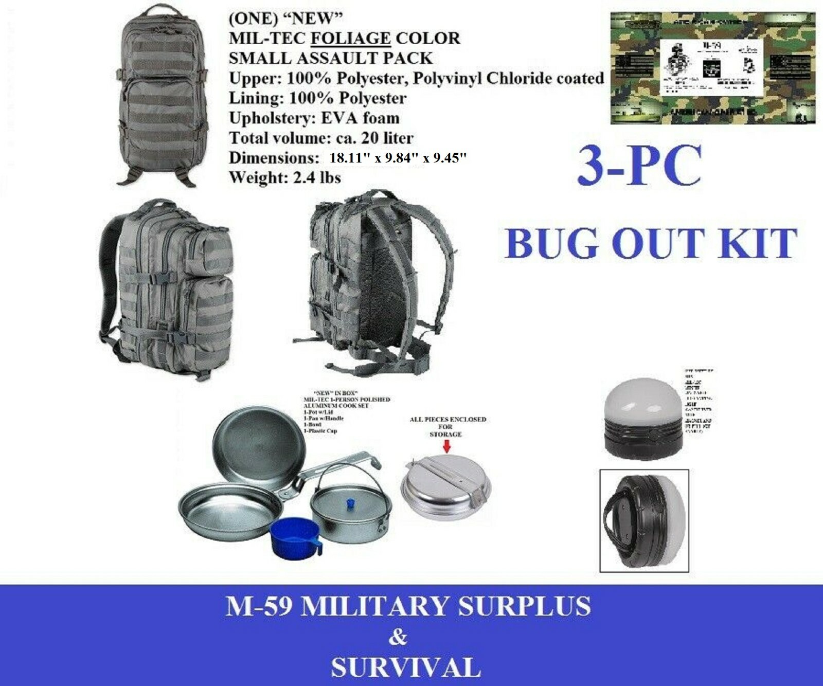 3PC. BUG OUT KIT -1 BACKPACK (FOLIAGE COLOR) -1 MESS KIT – 1 MINNIE CAMP LIGHT