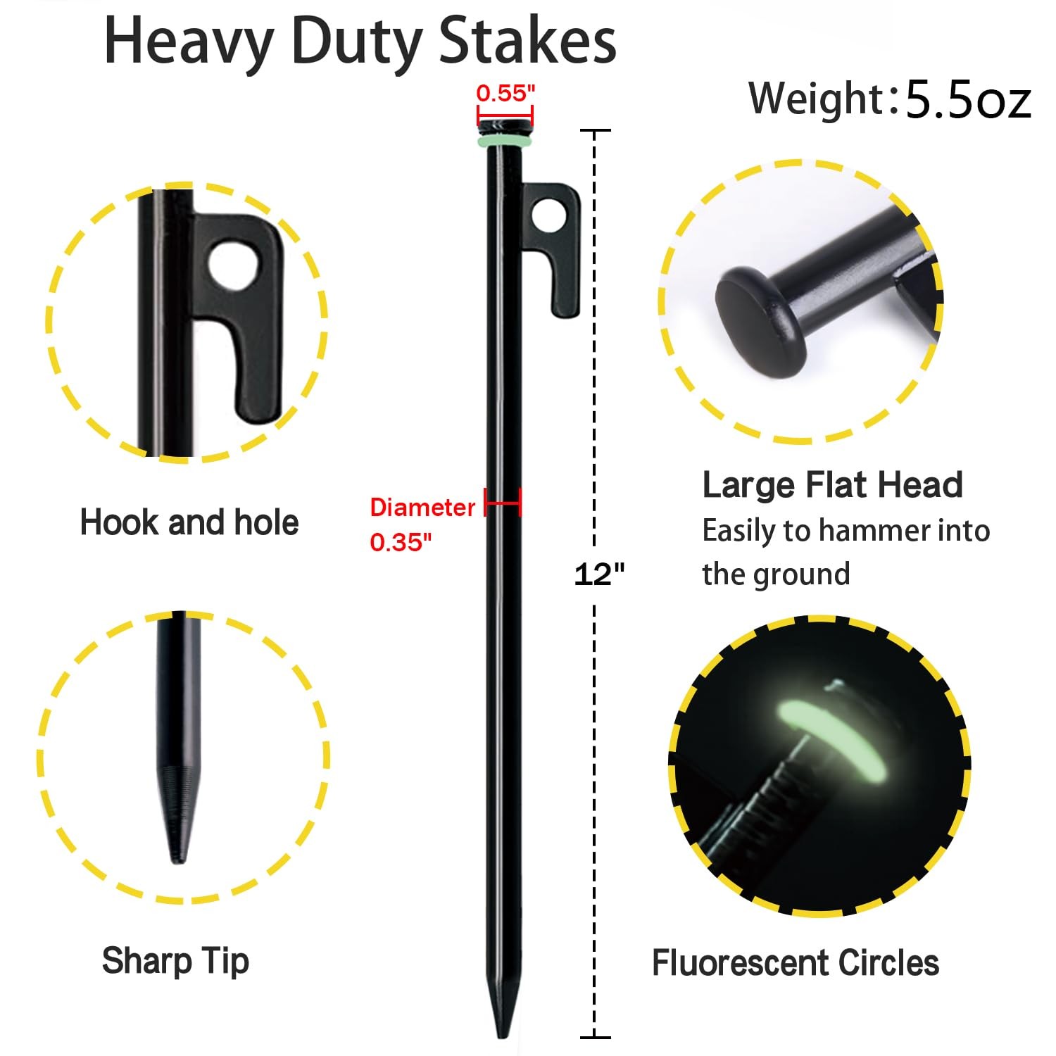Tent Stake with Hammer, 12-Pack 12in Heavy Duty Stakes + 10in Black