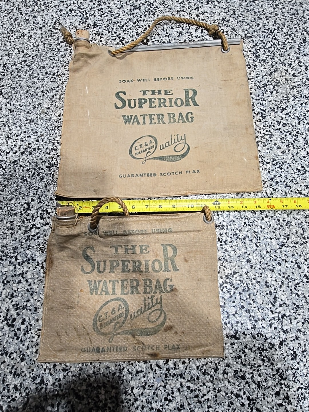 2 Antique Superior Water Bags Scotch Flax Canvas with Corks. Great For Display
