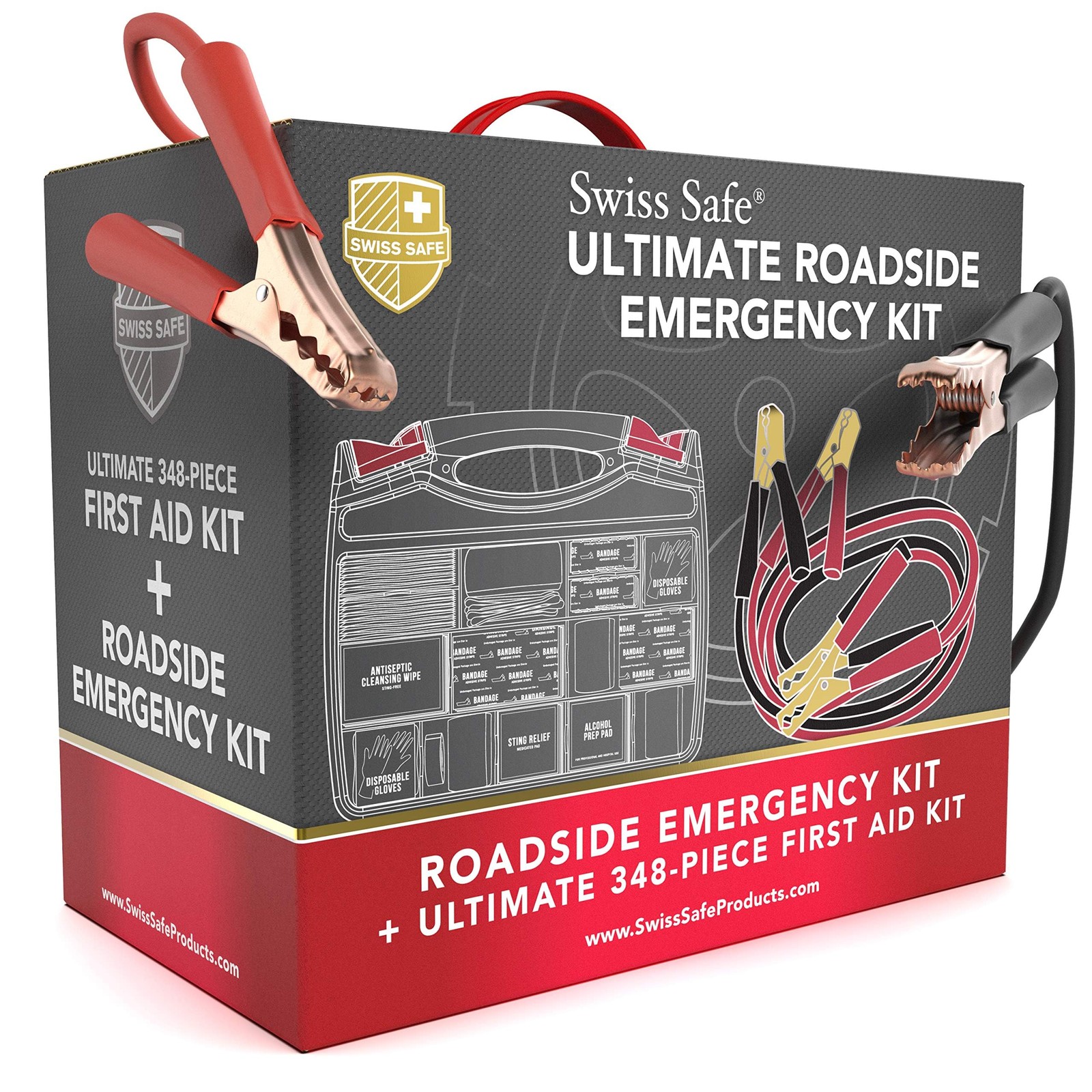 Swiss Safe 2-in-1 Car Emergency Kit | 12-FT Heavy-Duty Jumper 348 Piece Set