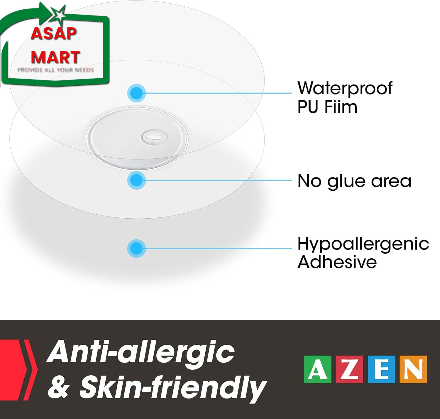 AZEN 60 Pack Freestyle Sensor Covers for Libre 3, Waterproof Adhesive Patches, A
