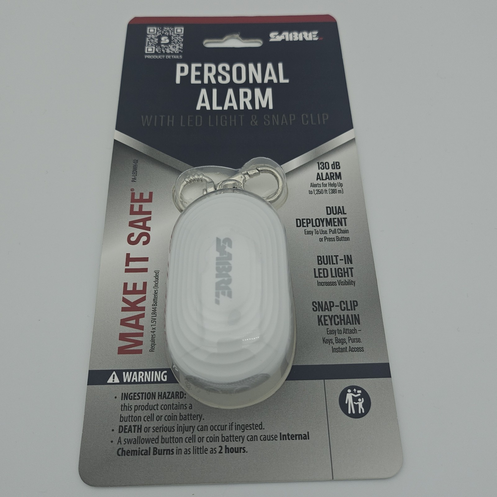 Sabre 2-in-1 Personal Alarm with LED Light Keychain Compact 130dB Siren White