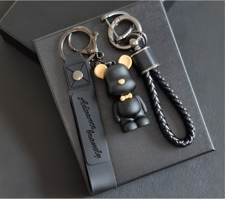 Premium Bear Car Keychain Leather Strap Bag Charm Luxury Black & Gold Gift New