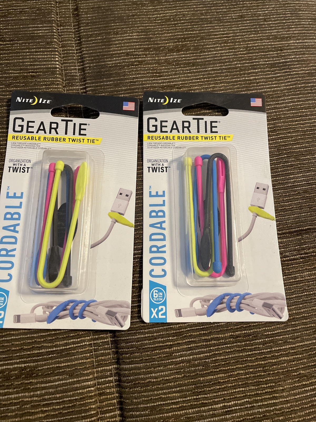2X Nite Ize Gear Tie Reusable Rubber Twist Tie Assorted Colors New