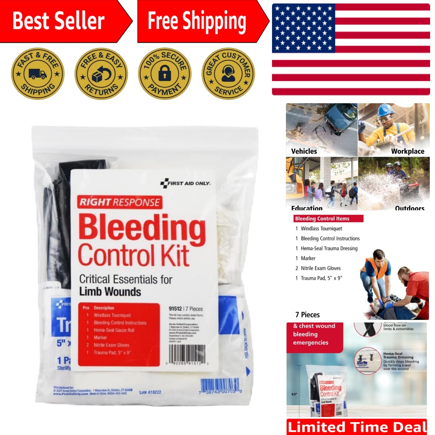 Critical Essentials 7-Piece Bleeding Control Kit with Tourniquet for Limb Wounds