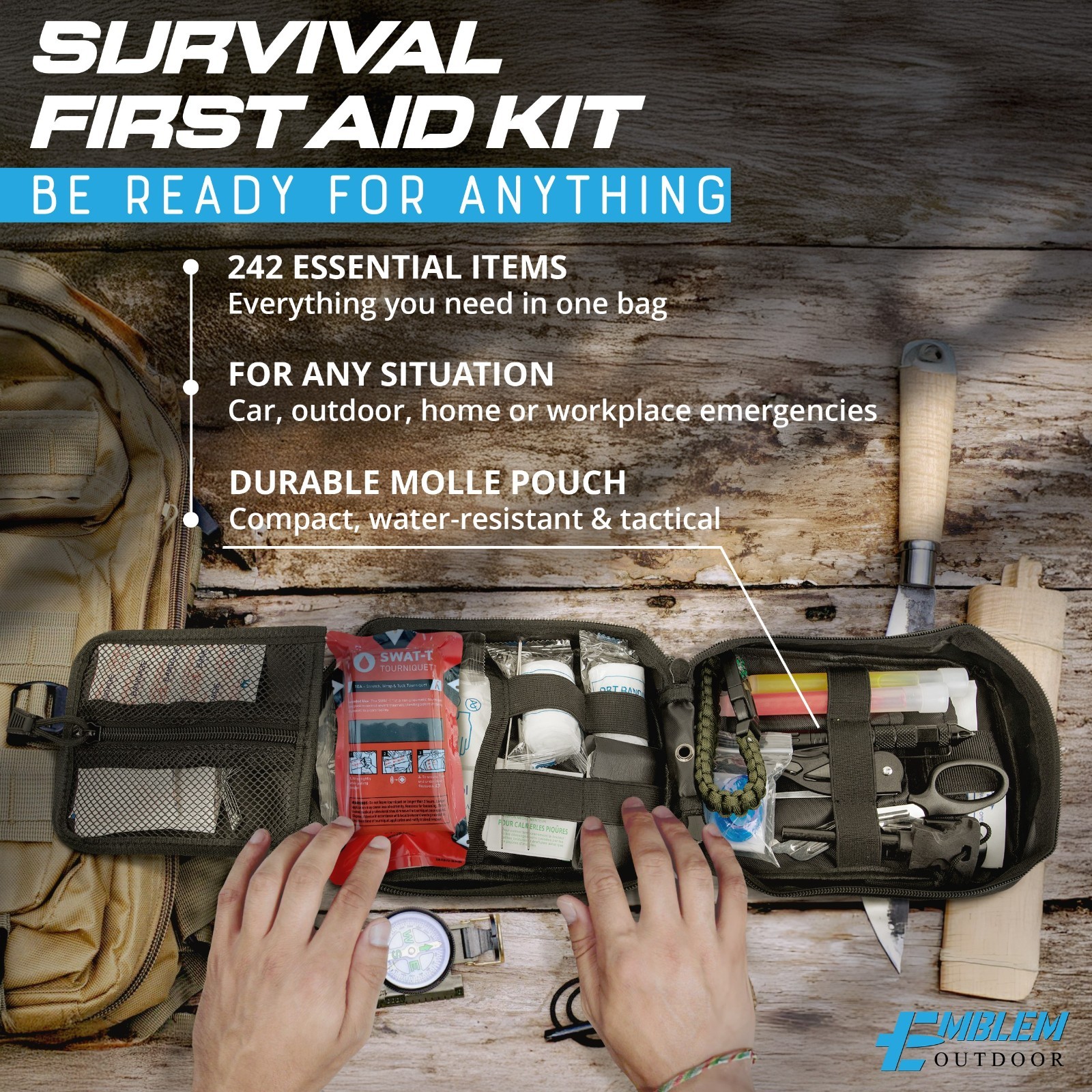 Emblem OD 242 Piece Survival First Aid Kit with Tourniquet | Tan