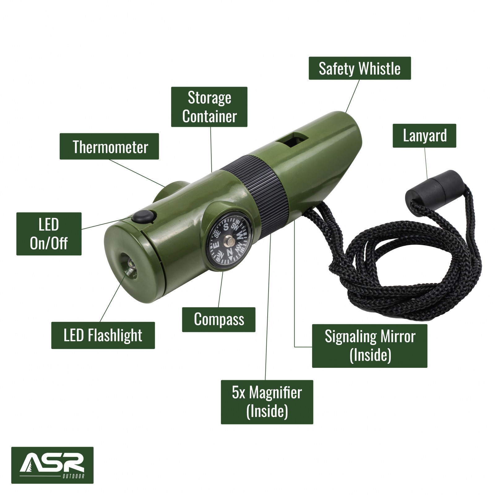 Kids Survival Outdoor Camping Multi Tool Whistle Compass LED 7 in 1 Flashlight
