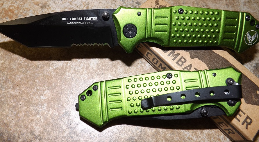 TACTICAL KNIFE BMF Fighter Pocket Knife GREEN Glass Breaker Lanyard Hole NEW!!