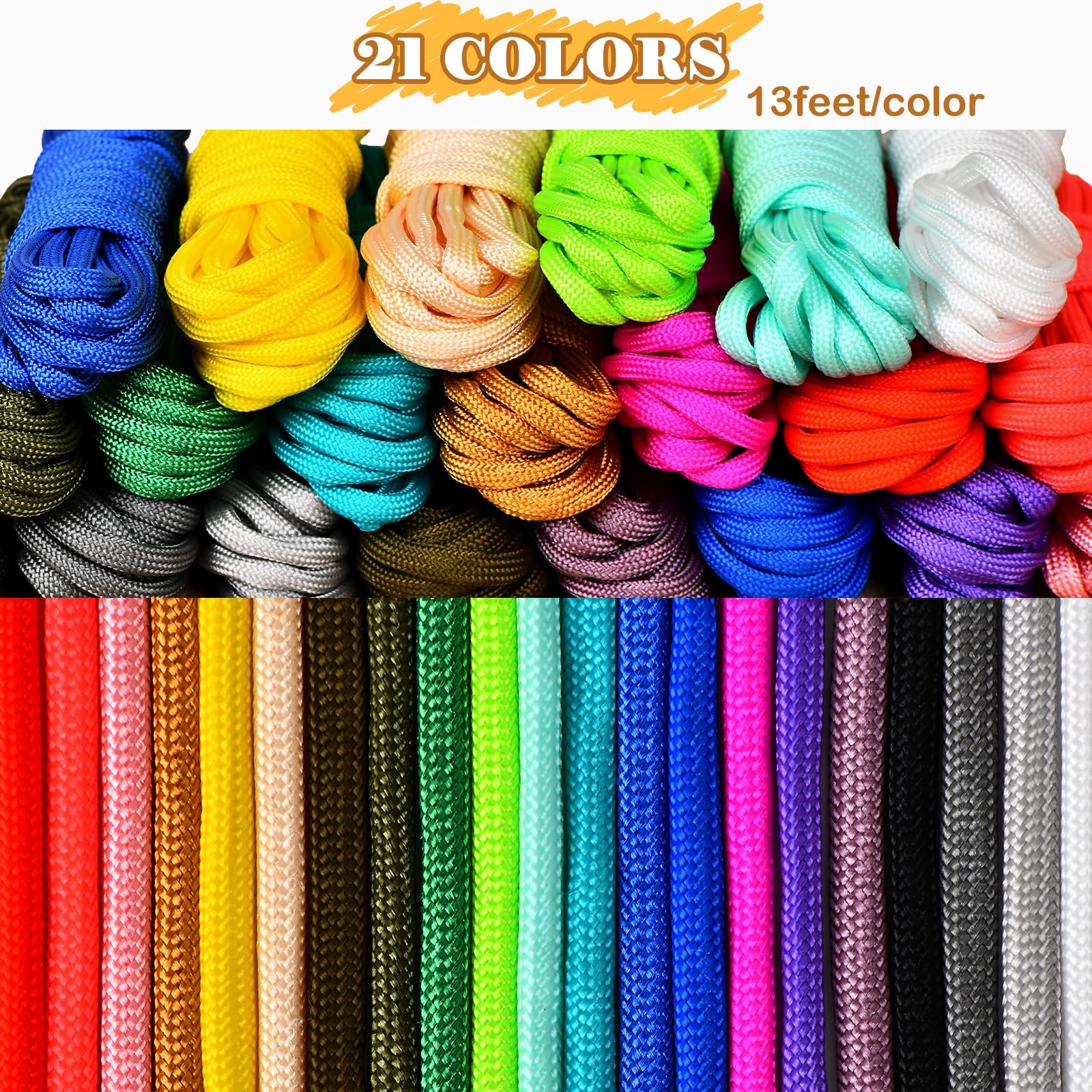 CAMEANE Paracord 21 Colors 13 Feet, 550 Craft Kit for 21 Colors, B