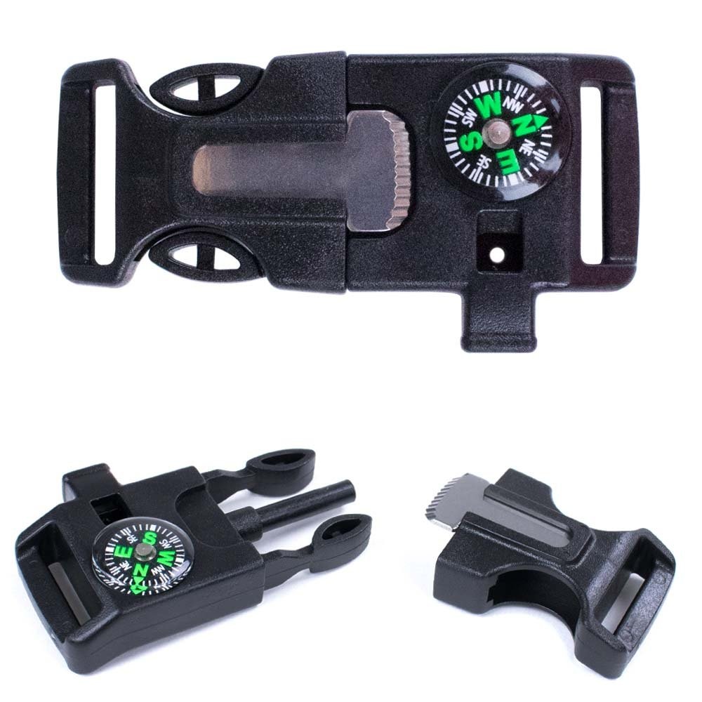 3/4 Inch Survival Buckle, 10 Pack – Emergency Whistle, Flint Scraper, Compass…