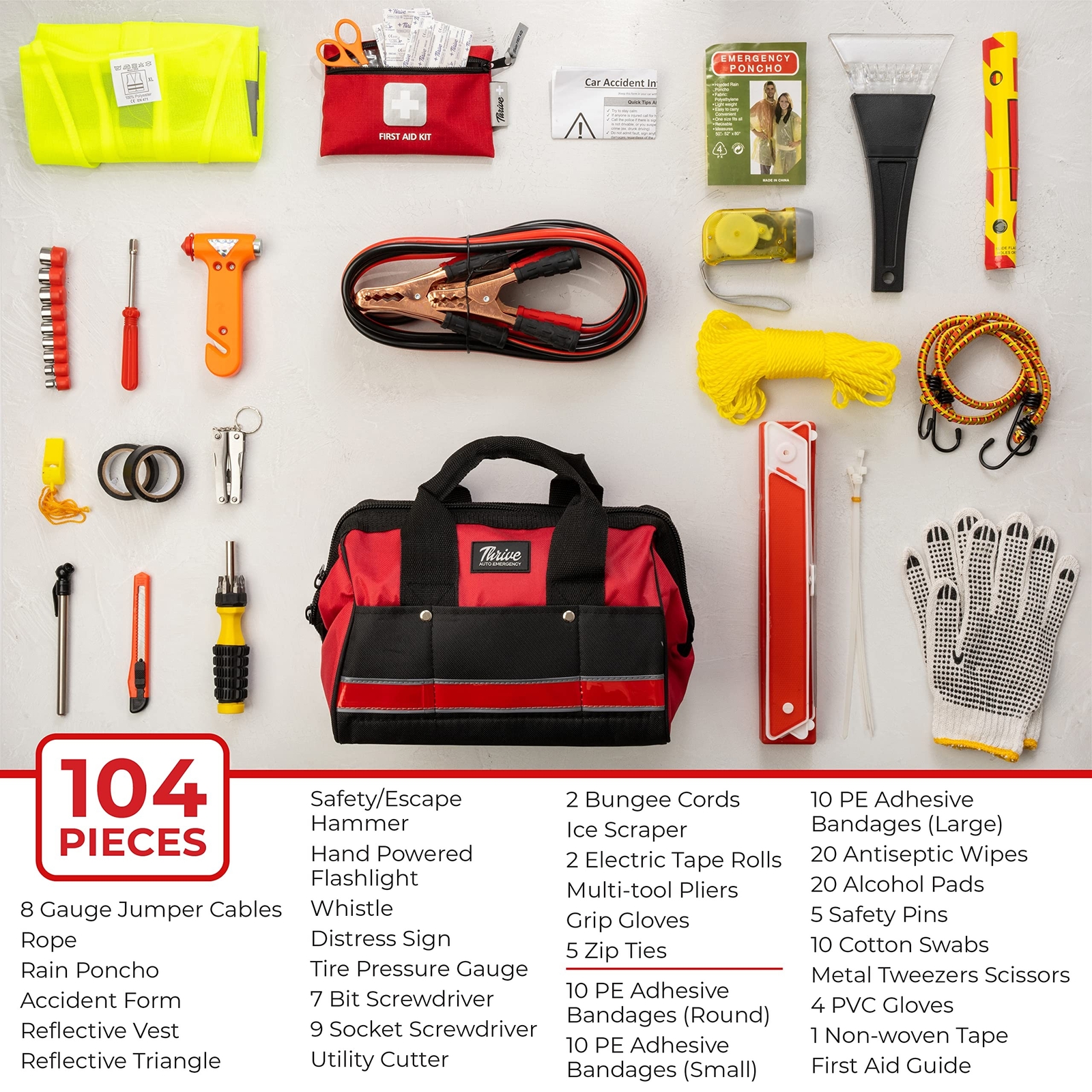 Thrive Roadside Car Emergency Kit (104 Pieces) – Car Safety Kit with Jumper C…