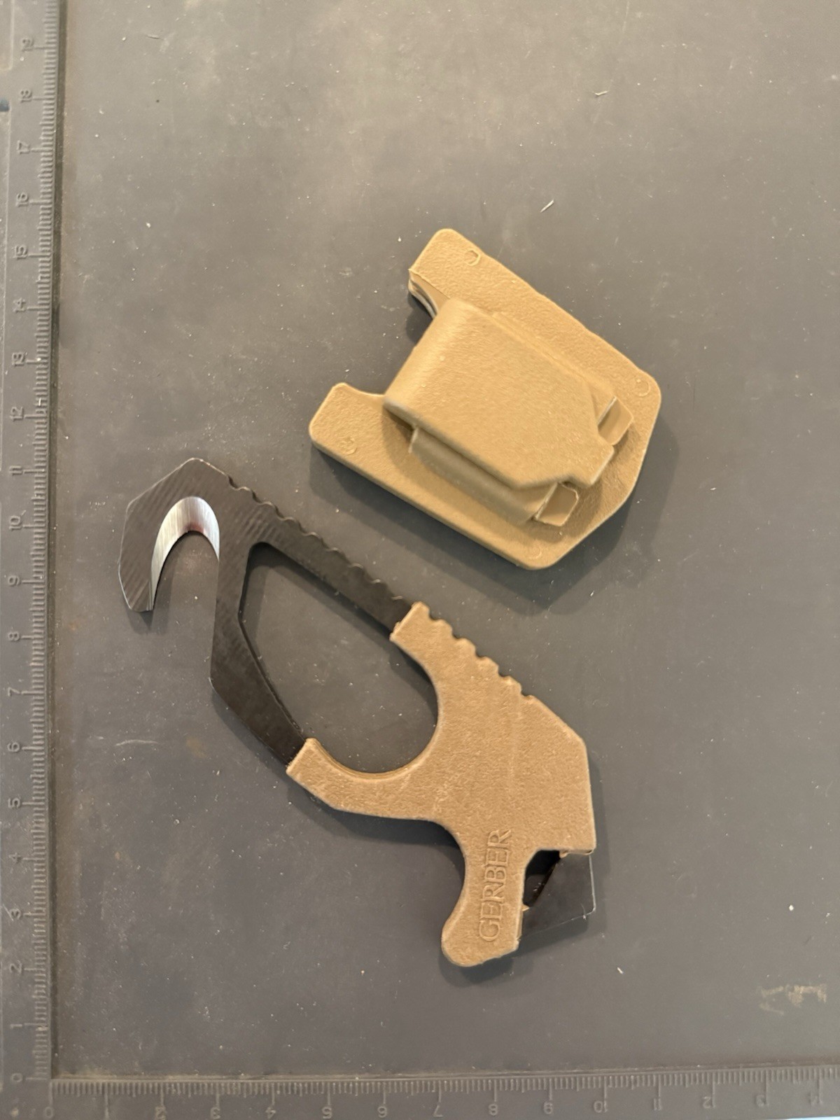 Gerber Strap Safety Cutter w/ Glass Breaker Coyote Brown Sheath Used