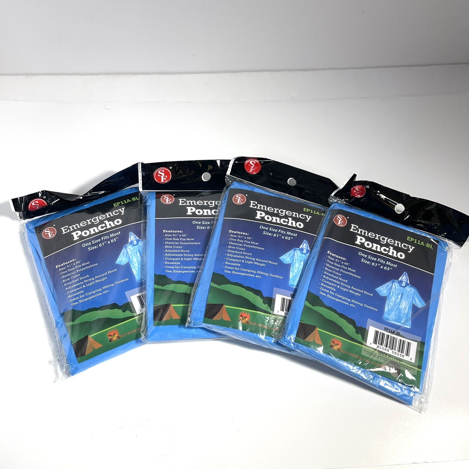 Emergency Hooded Rain Ponchos (4) Blue Poncho 61″ x 65″- One Size Fits Most NEW