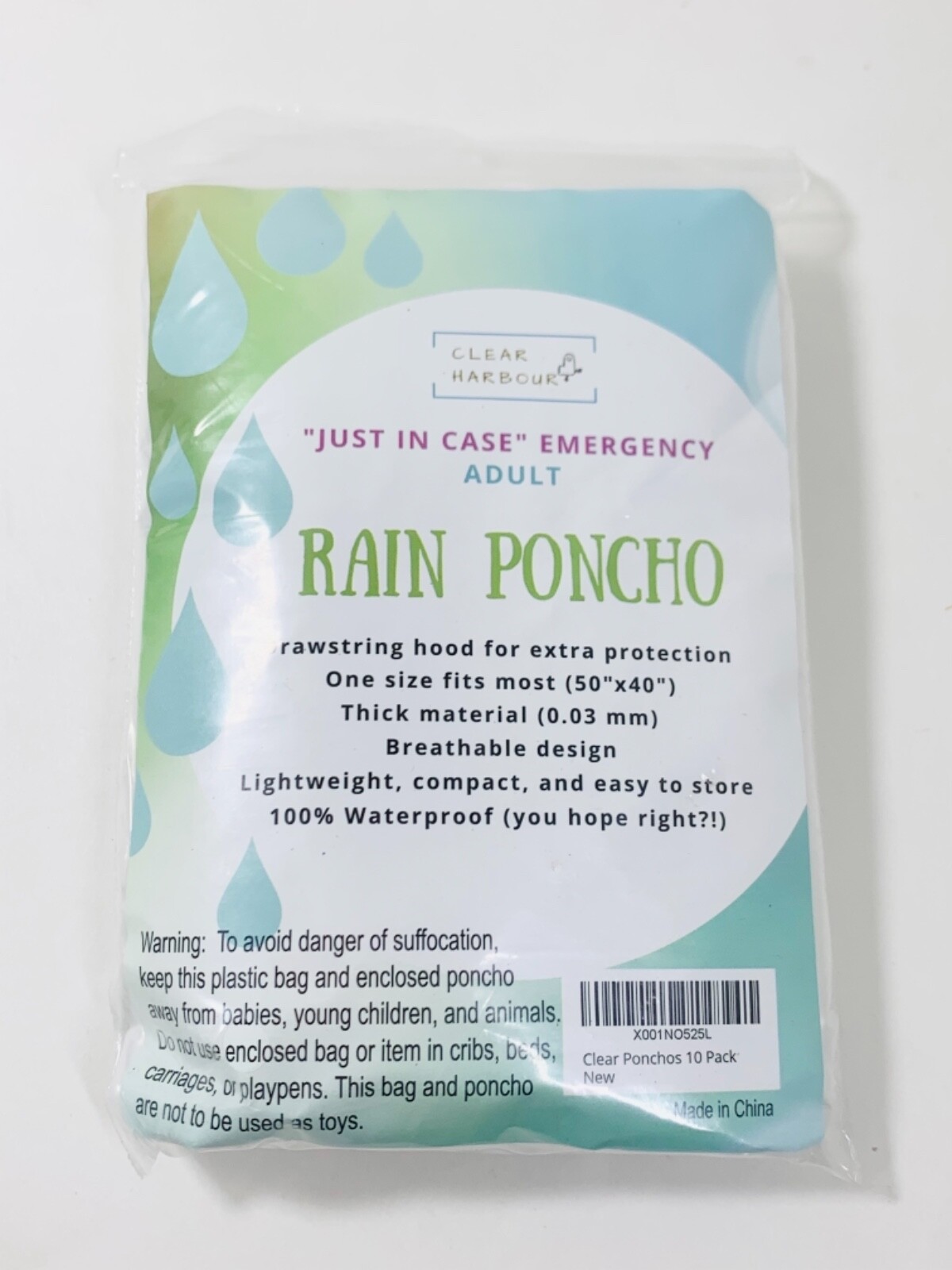 Rain Poncho Adult Size, Pack Of 10 Clear, 50” X 40” Drawstring Hood