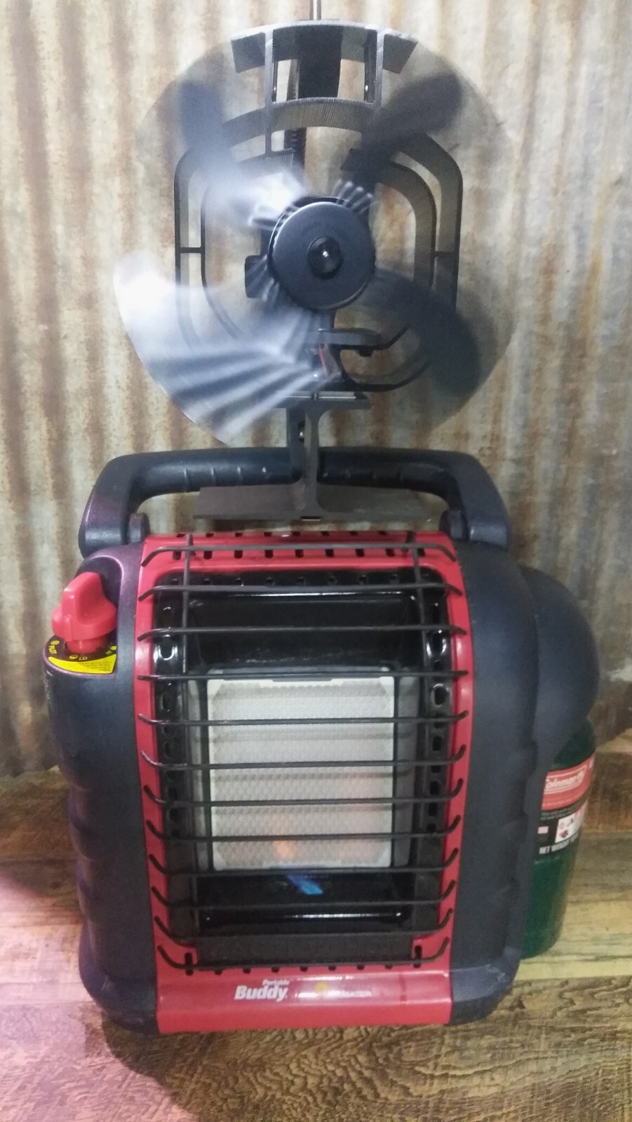 Mr. Heater “Buddy” Single Tank Wood Stove, Heat Powered Fan Mount. Custom Built.