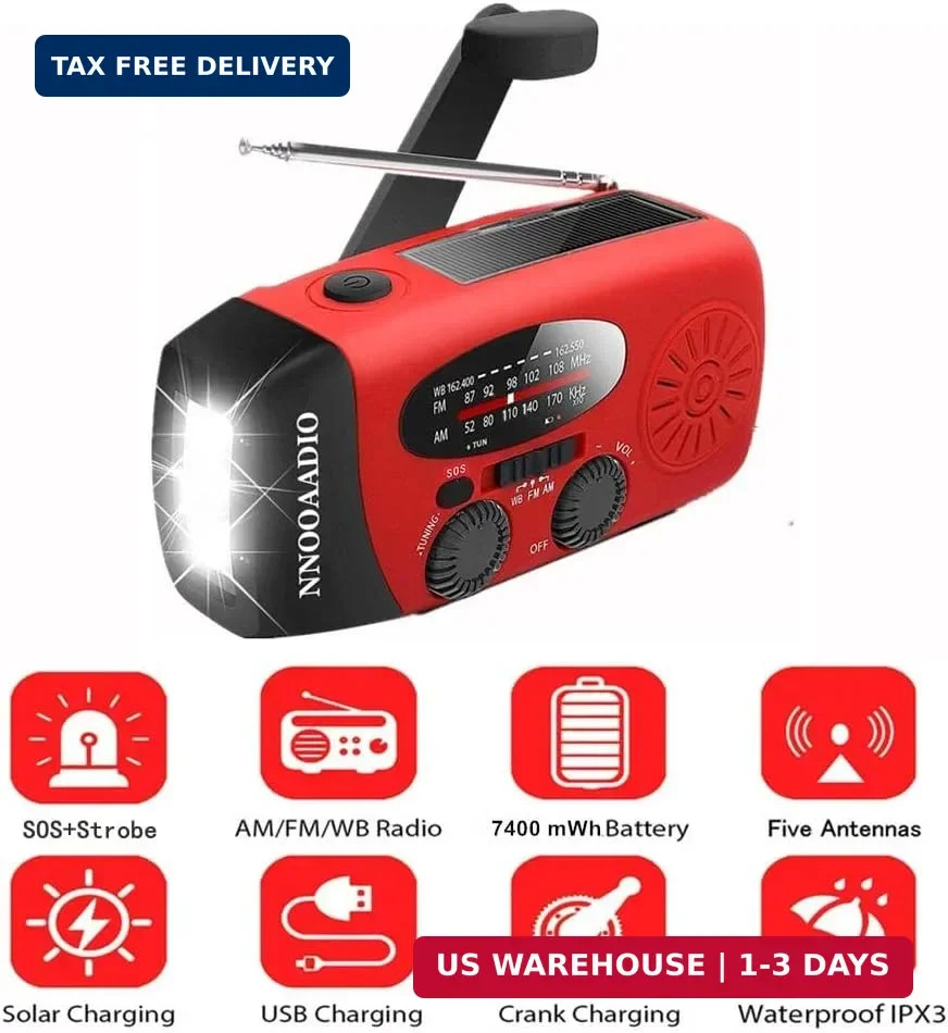 2000mAh SOS Alarm Emergency AM FM Weather Radio, 3LED Type-C Hand Crank Solar Ba