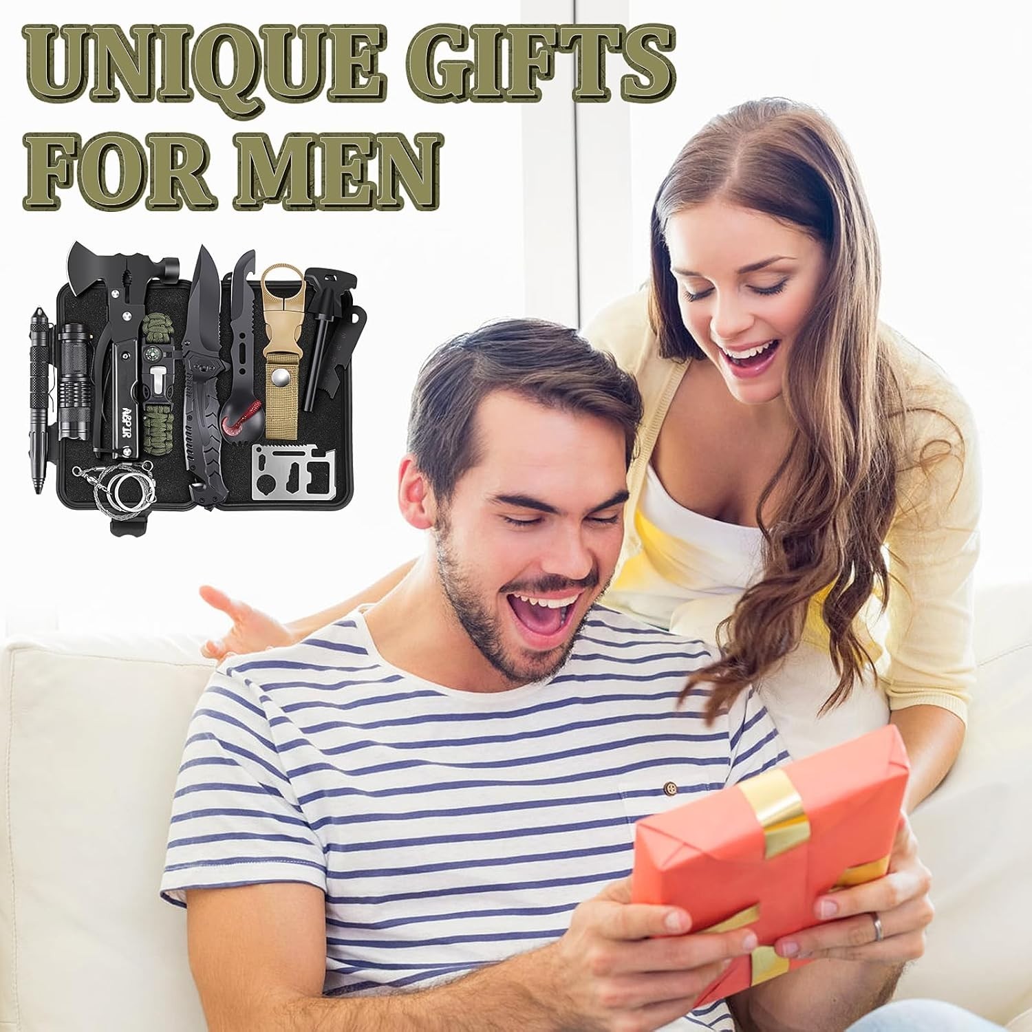 Gifts for Men Dad Husband Boyfriend Him, Survival Kits, 14 in 1 Survival Gear Ca