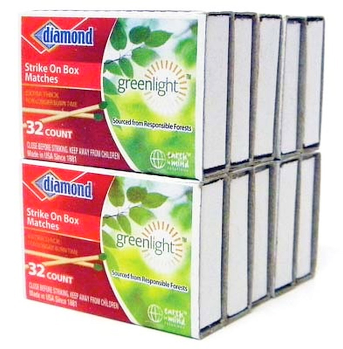 10 Boxes Diamond Wood PENNY MATCHES 32 x 10=320 STRIKE ON BOX green wooden match