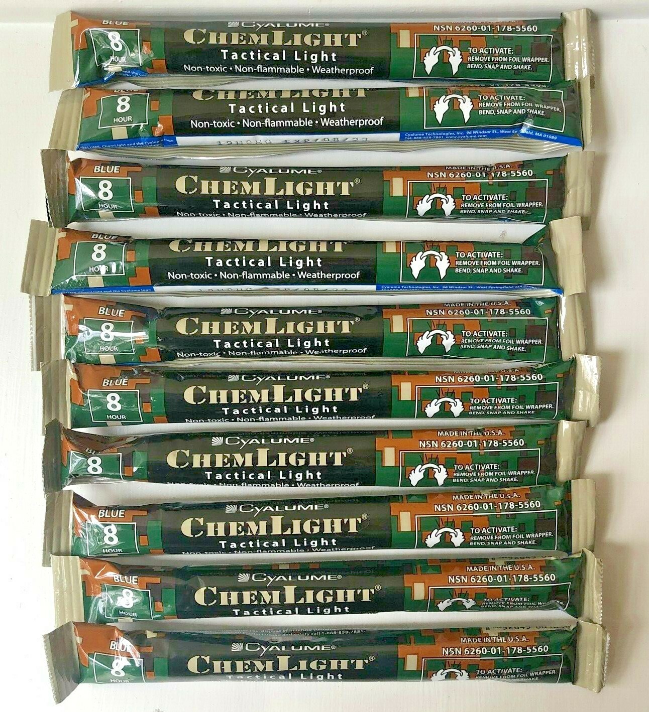 Lot of 10 Blue Cyalume Tactical Lightsticks 6″ Preppers Bug Out Bags 8 HR 08/23