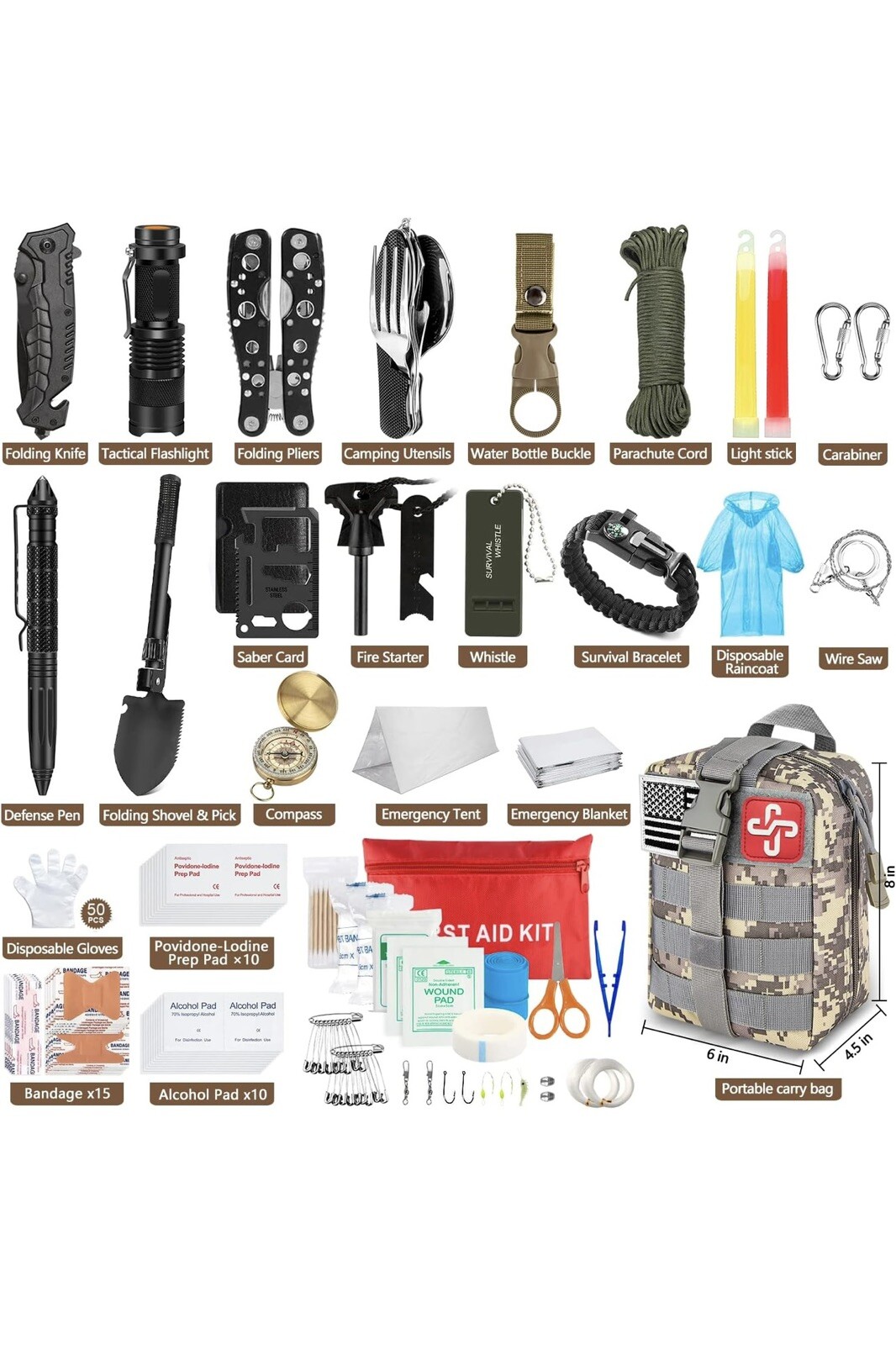 238 Pcs Emergency Survival Kit W/ Tactical Molle Pouch & Emergency Tent Camping